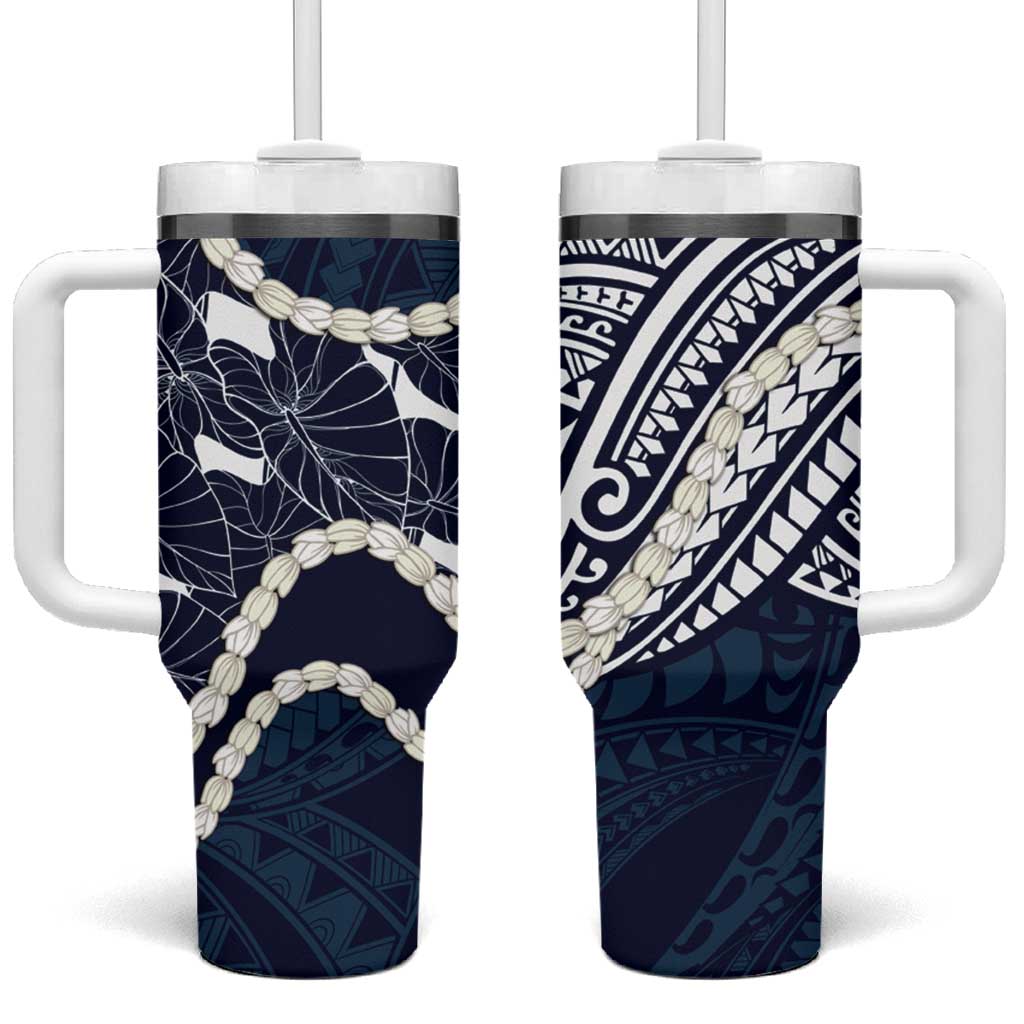 Aloha Hawaii Kalo Pikake Lei Tumbler With Handle Chest Tattoo Oxford Blue Hawaiian Pattern LT14 One Size: 40 oz Oxford Blue - Polynesian Pride