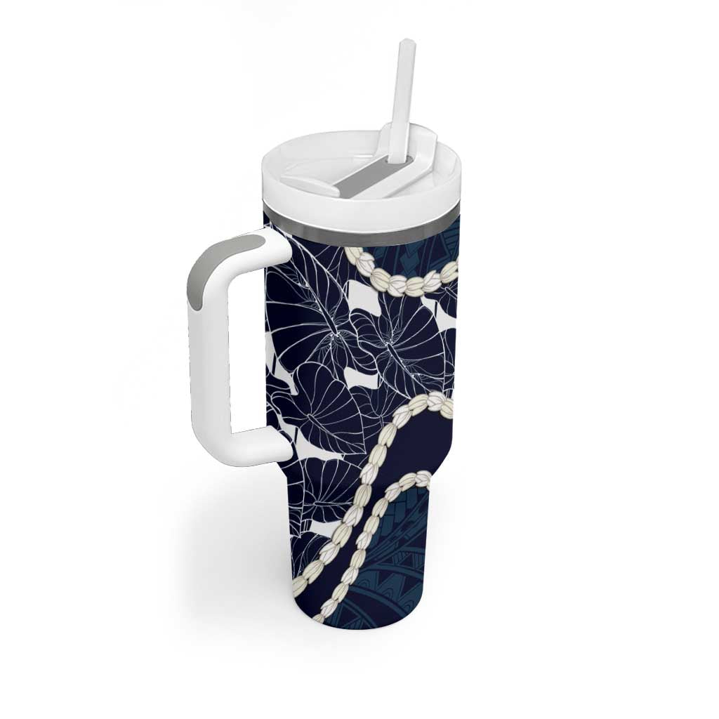Aloha Hawaii Kalo Pikake Lei Tumbler With Handle Chest Tattoo Oxford Blue Hawaiian Pattern