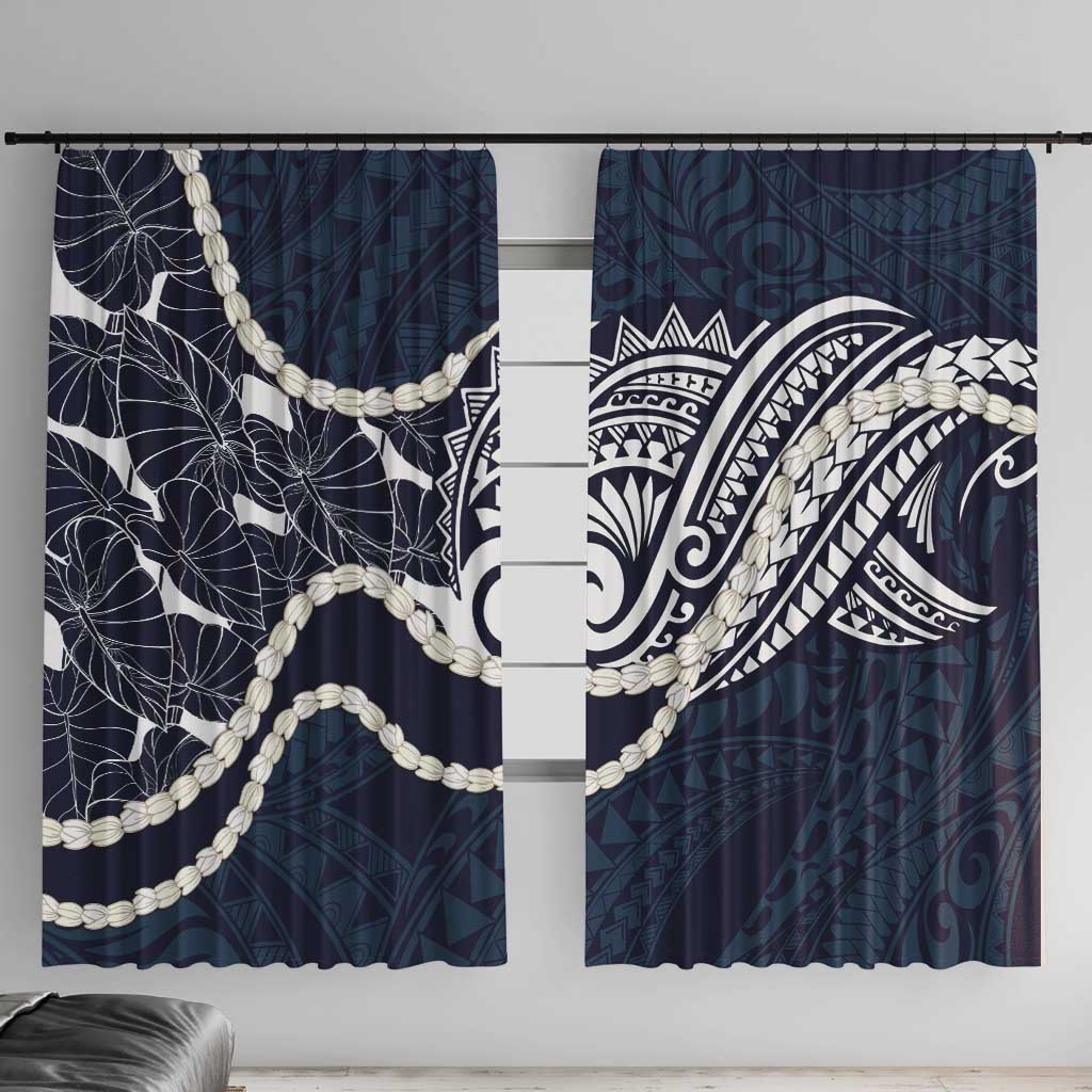 Aloha Hawaii Kalo Pikake Lei Window Curtain Chest Tattoo Oxford Blue Hawaiian Pattern LT14 With Hooks Oxford Blue - Polynesian Pride