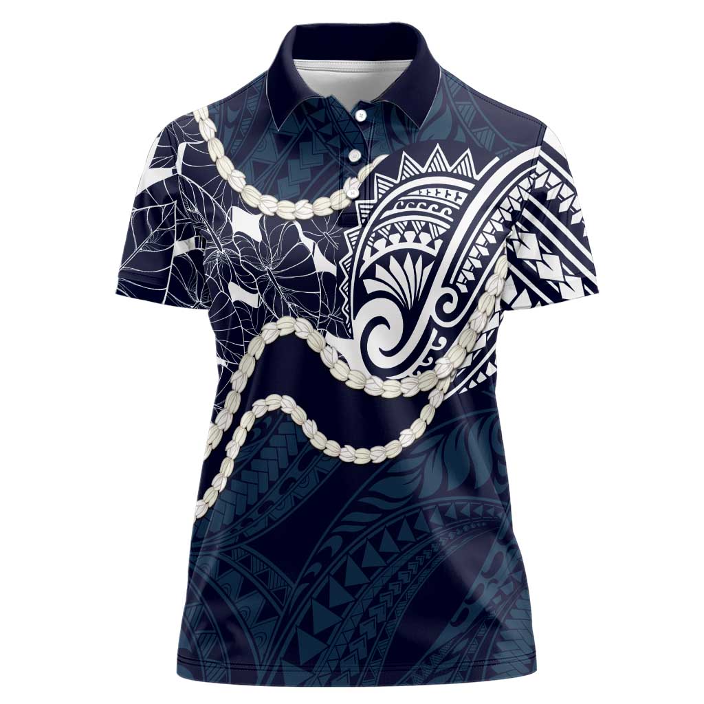 Aloha Hawaii Kalo Pikake Lei Women Polo Shirt Chest Tattoo Oxford Blue Hawaiian Pattern LT14 Female Oxford Blue - Polynesian Pride