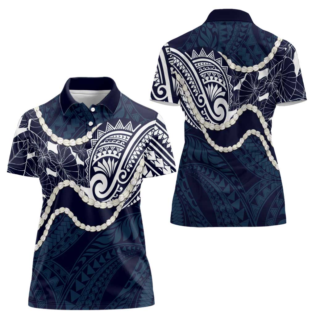 Aloha Hawaii Kalo Pikake Lei Women Polo Shirt Chest Tattoo Oxford Blue Hawaiian Pattern LT14 - Polynesian Pride