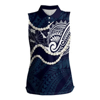 Aloha Hawaii Kalo Pikake Lei Women Sleeveless Polo Shirt Chest Tattoo Oxford Blue Hawaiian Pattern LT14 Female Oxford Blue - Polynesian Pride
