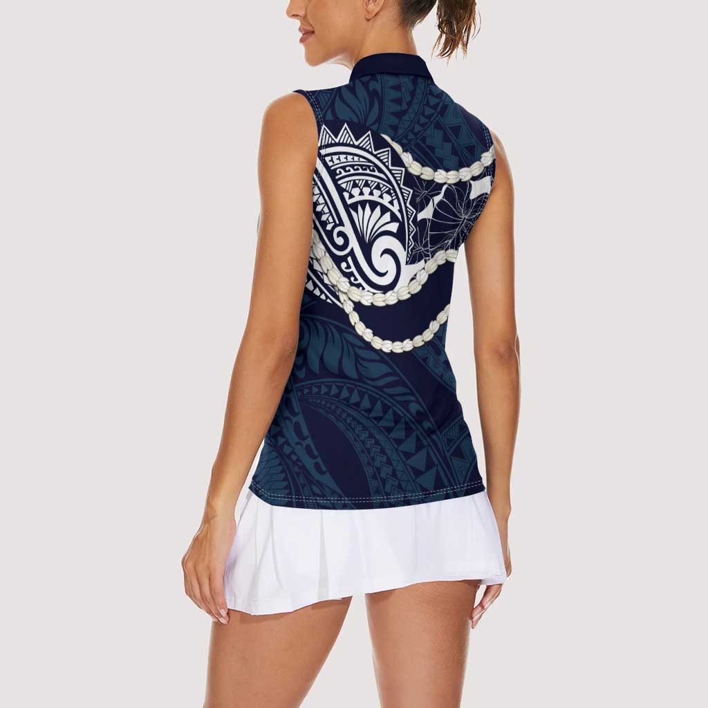 Aloha Hawaii Kalo Pikake Lei Women Sleeveless Polo Shirt Chest Tattoo Oxford Blue Hawaiian Pattern LT14 - Polynesian Pride