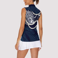 Aloha Hawaii Kalo Pikake Lei Women Sleeveless Polo Shirt Chest Tattoo Oxford Blue Hawaiian Pattern LT14 - Polynesian Pride