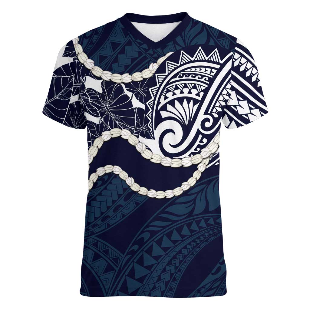 Aloha Hawaii Kalo Pikake Lei Women V-Neck T-Shirt Chest Tattoo Oxford Blue Hawaiian Pattern