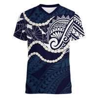 Aloha Hawaii Kalo Pikake Lei Women V-Neck T-Shirt Chest Tattoo Oxford Blue Hawaiian Pattern