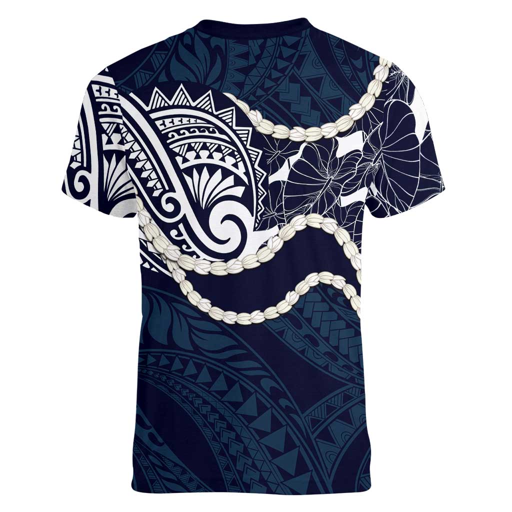 Aloha Hawaii Kalo Pikake Lei Women V-Neck T-Shirt Chest Tattoo Oxford Blue Hawaiian Pattern