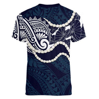 Aloha Hawaii Kalo Pikake Lei Women V-Neck T-Shirt Chest Tattoo Oxford Blue Hawaiian Pattern