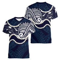 Aloha Hawaii Kalo Pikake Lei Women V-Neck T-Shirt Chest Tattoo Oxford Blue Hawaiian Pattern