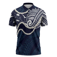 Aloha Hawaii Kalo Pikake Lei Zipper Polo Shirt Chest Tattoo Oxford Blue Hawaiian Pattern