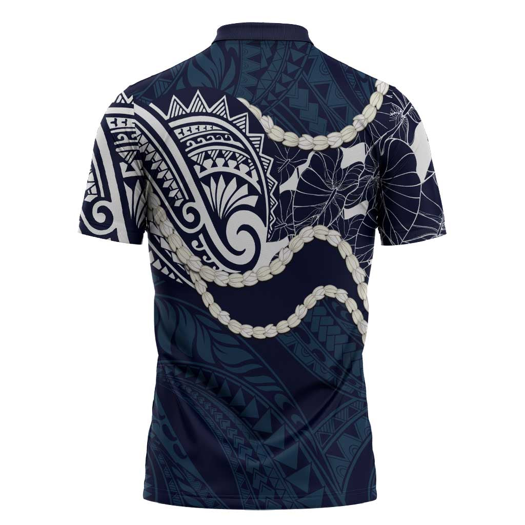 Aloha Hawaii Kalo Pikake Lei Zipper Polo Shirt Chest Tattoo Oxford Blue Hawaiian Pattern