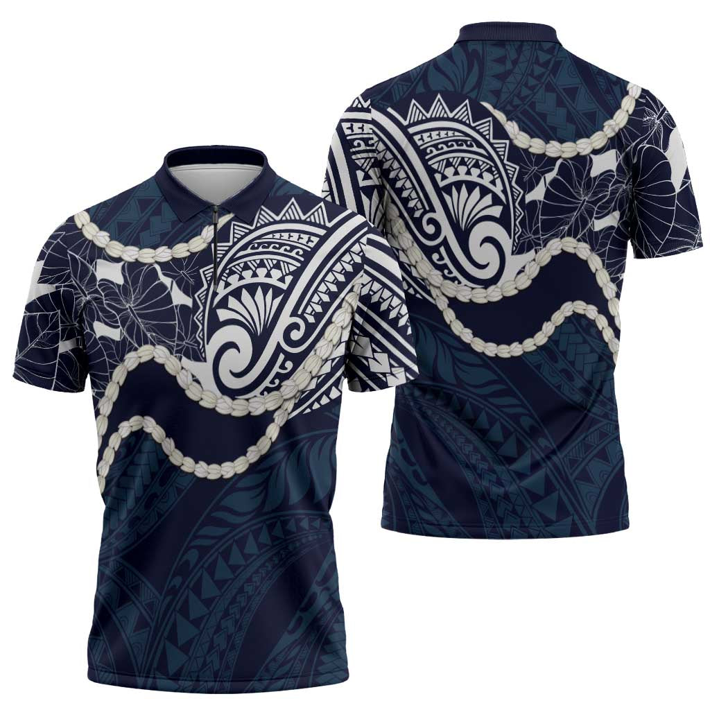 Aloha Hawaii Kalo Pikake Lei Zipper Polo Shirt Chest Tattoo Oxford Blue Hawaiian Pattern