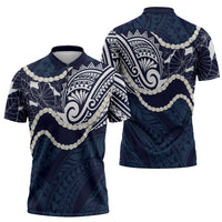 Aloha Hawaii Kalo Pikake Lei Zipper Polo Shirt Chest Tattoo Oxford Blue Hawaiian Pattern