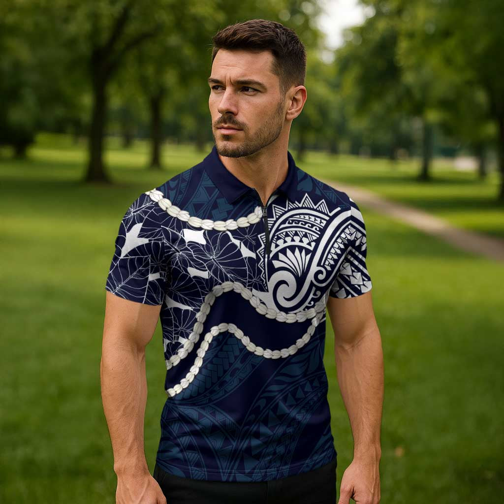 Aloha Hawaii Kalo Pikake Lei Zipper Polo Shirt Chest Tattoo Oxford Blue Hawaiian Pattern