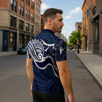 Aloha Hawaii Kalo Pikake Lei Zipper Polo Shirt Chest Tattoo Oxford Blue Hawaiian Pattern