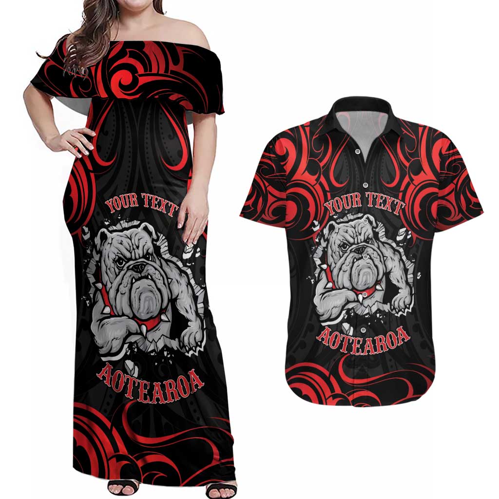 Personalised Aotearoa Bulldog Couples Matching Off Shoulder Maxi Dress and Hawaiian Shirt NZ Maori Tattoo