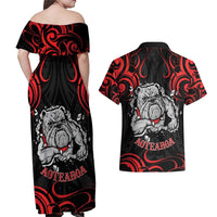 Personalised Aotearoa Bulldog Couples Matching Off Shoulder Maxi Dress and Hawaiian Shirt NZ Maori Tattoo