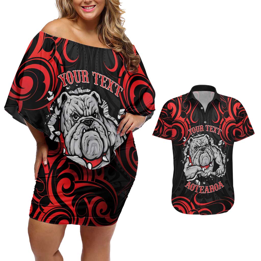 Personalised Aotearoa Bulldog Couples Matching Off Shoulder Short Dress and Hawaiian Shirt NZ Maori Tattoo