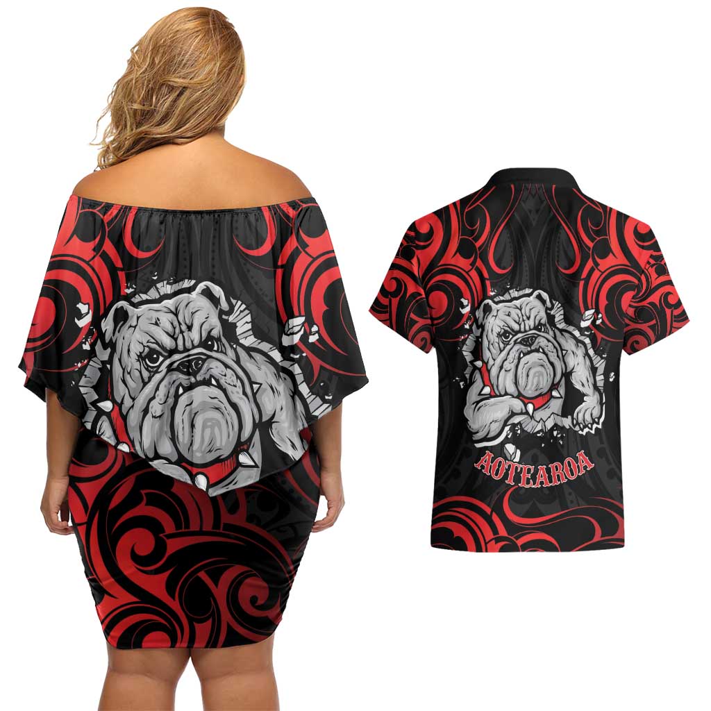 Personalised Aotearoa Bulldog Couples Matching Off Shoulder Short Dress and Hawaiian Shirt NZ Maori Tattoo