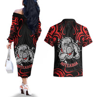 Personalised Aotearoa Bulldog Couples Matching Off The Shoulder Long Sleeve Dress and Hawaiian Shirt NZ Maori Tattoo