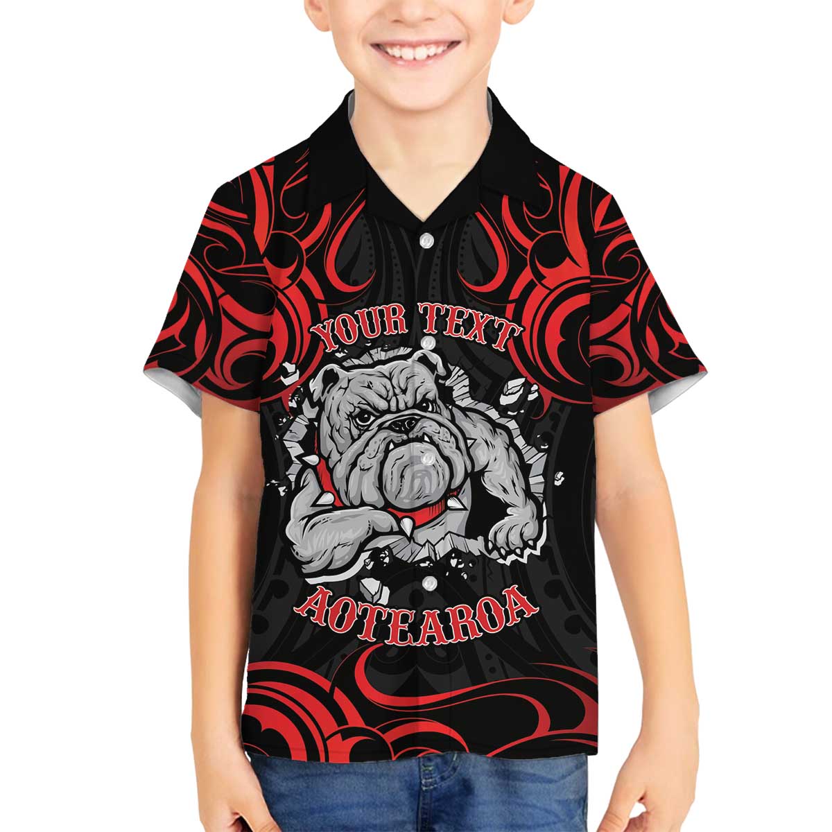 Personalised Aotearoa Bulldog Family Matching Off The Shoulder Long Sleeve Dress and Hawaiian Shirt NZ Maori Tattoo