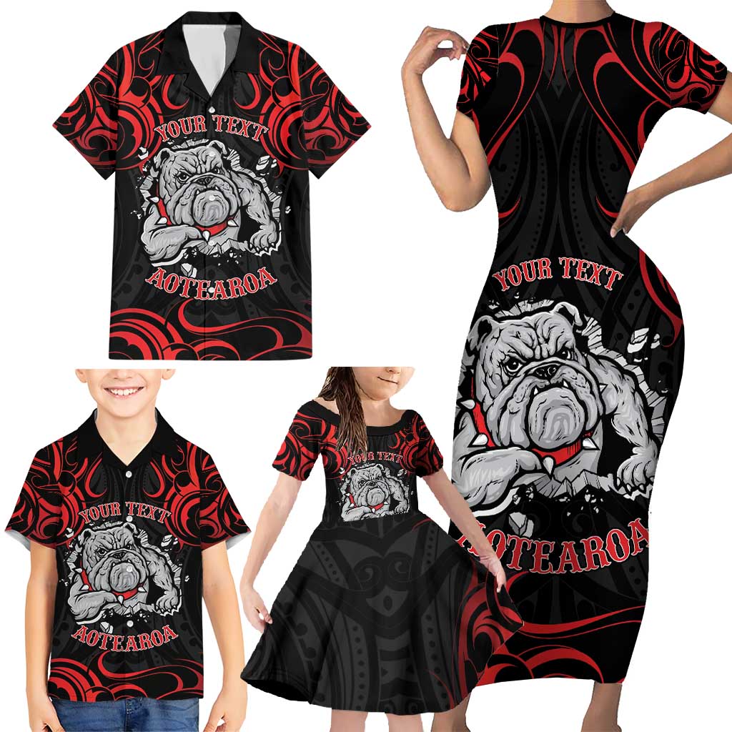 Personalised Aotearoa Bulldog Family Matching Short Sleeve Bodycon Dress and Hawaiian Shirt NZ Maori Tattoo