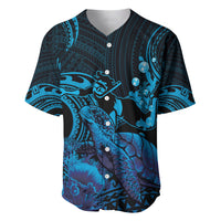 Blue Aloha Hawaii Baseball Jersey Snorkeling With Sea Turtle Polynesian Pattern