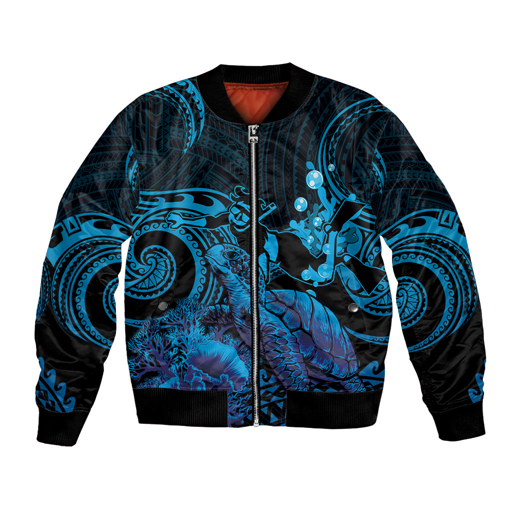 Blue Aloha Hawaii Bomber Jacket Snorkeling With Sea Turtle Polynesian Pattern