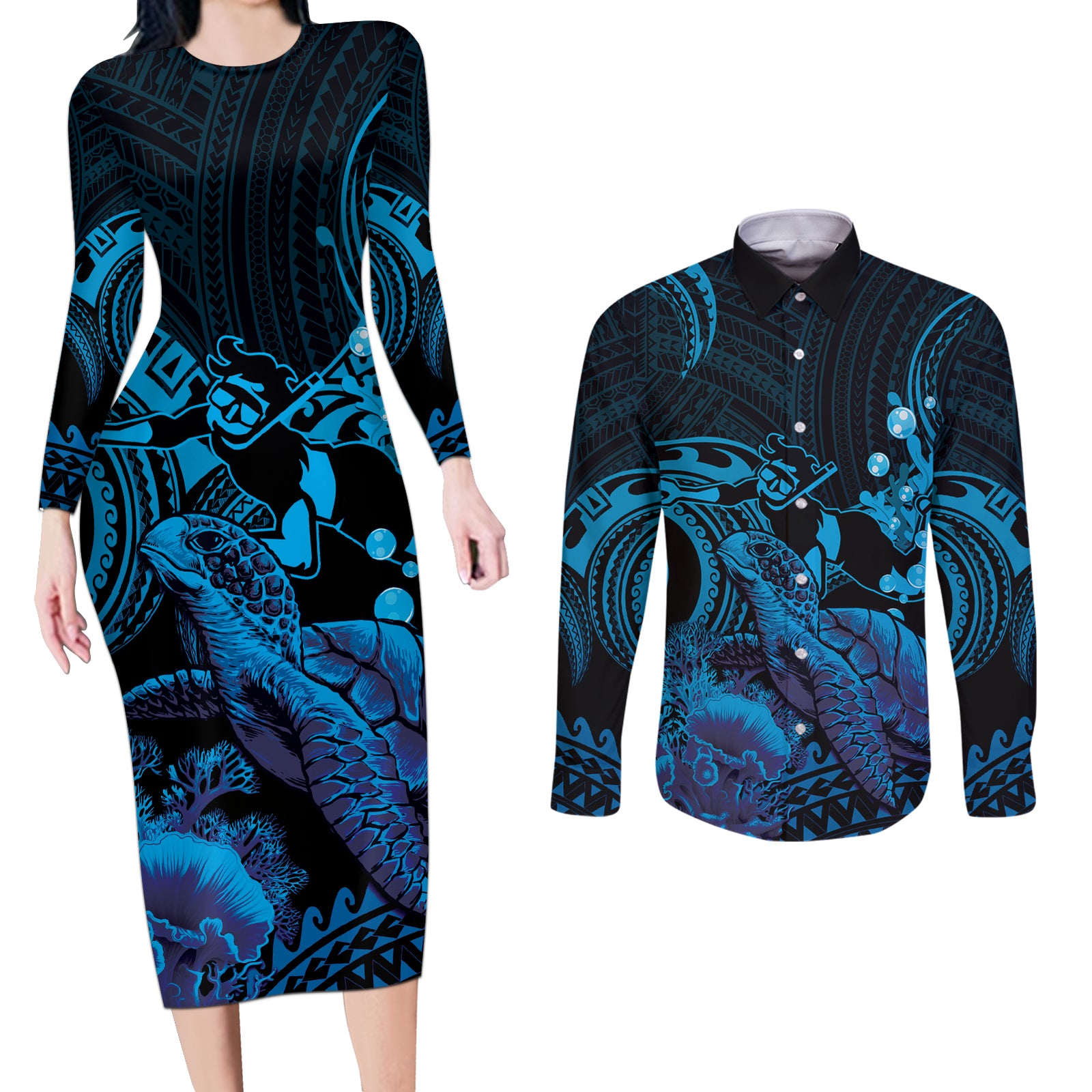 Blue Aloha Hawaii Couples Matching Long Sleeve Bodycon Dress and Long Sleeve Button Shirt Snorkeling With Sea Turtle Polynesian Pattern