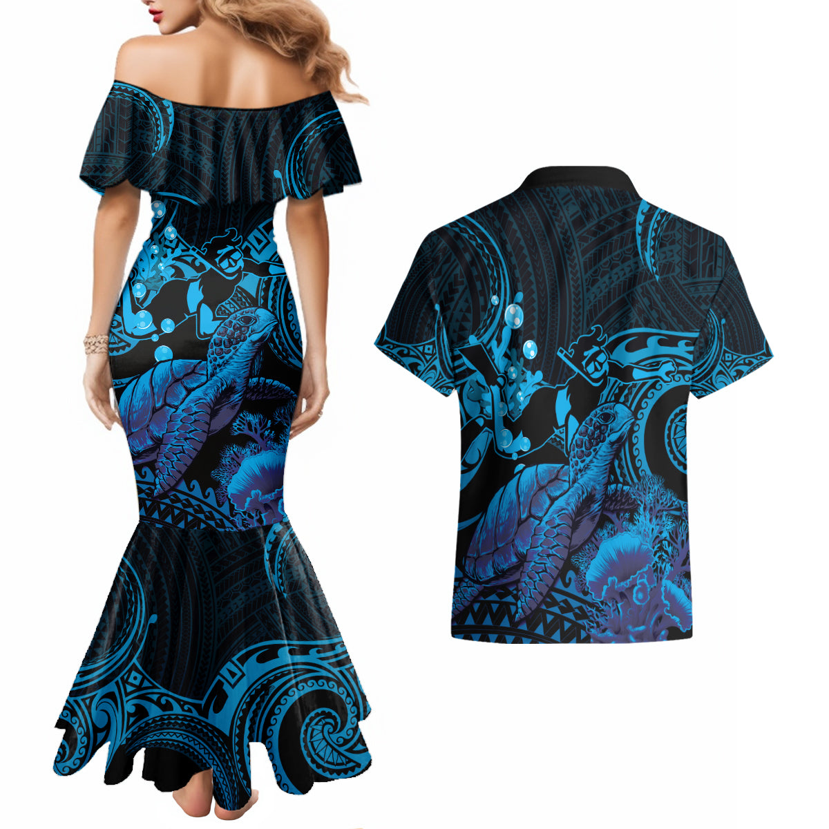 Blue Aloha Hawaii Couples Matching Mermaid Dress and Hawaiian Shirt Snorkeling With Sea Turtle Polynesian Pattern