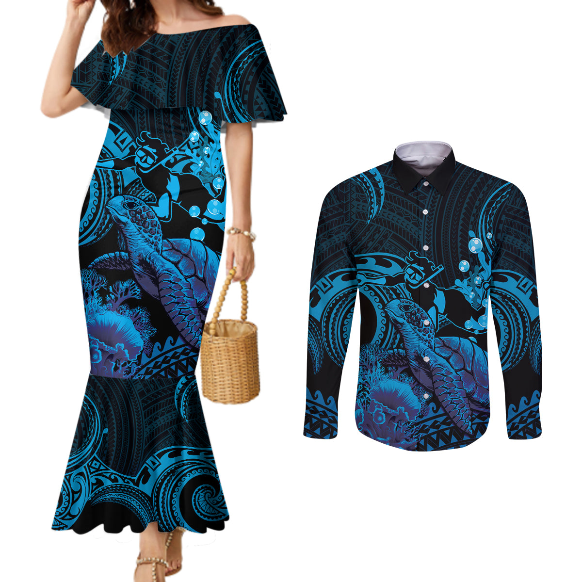 Blue Aloha Hawaii Couples Matching Mermaid Dress and Long Sleeve Button Shirt Snorkeling With Sea Turtle Polynesian Pattern