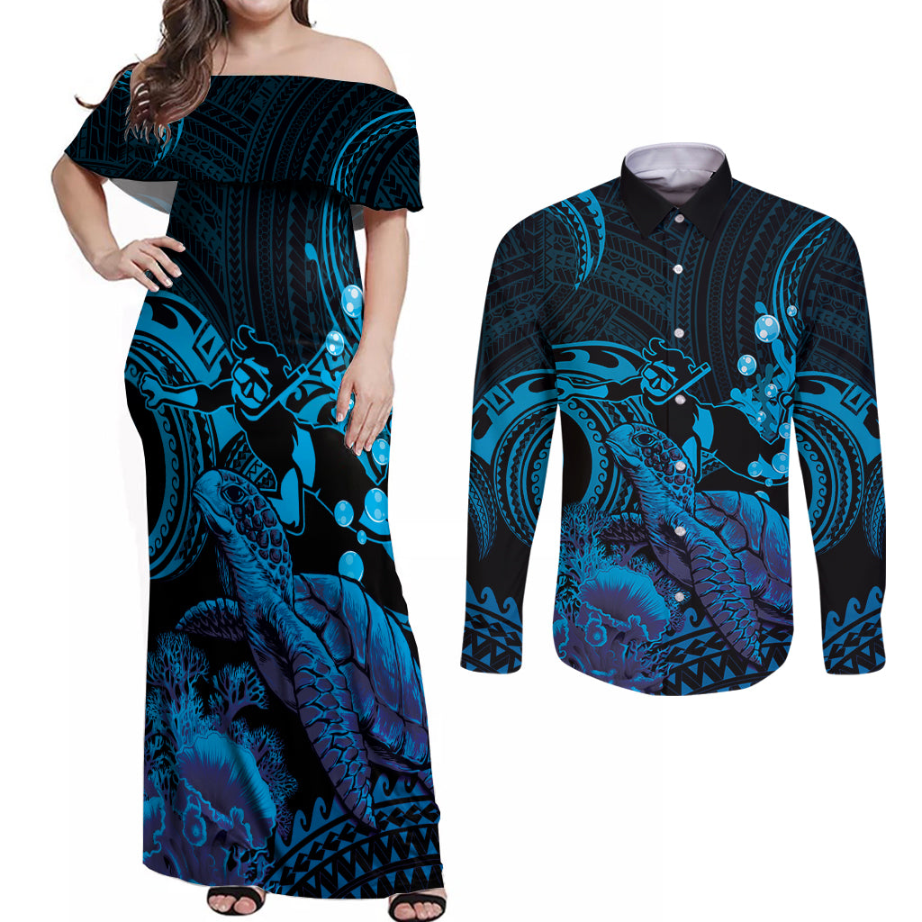 Blue Aloha Hawaii Couples Matching Off Shoulder Maxi Dress and Long Sleeve Button Shirt Snorkeling With Sea Turtle Polynesian Pattern