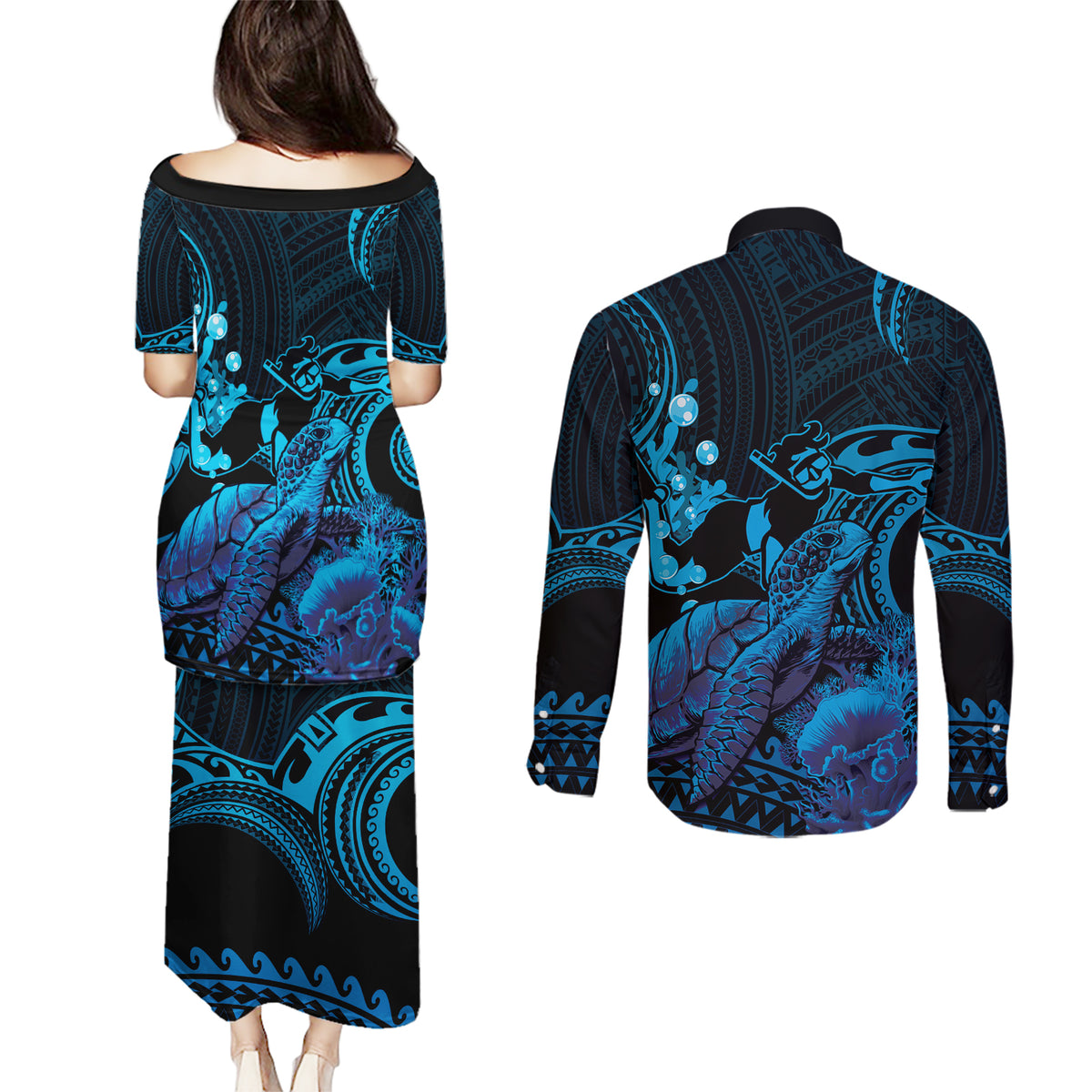 Blue Aloha Hawaii Couples Matching Puletasi and Long Sleeve Button Shirt Snorkeling With Sea Turtle Polynesian Pattern