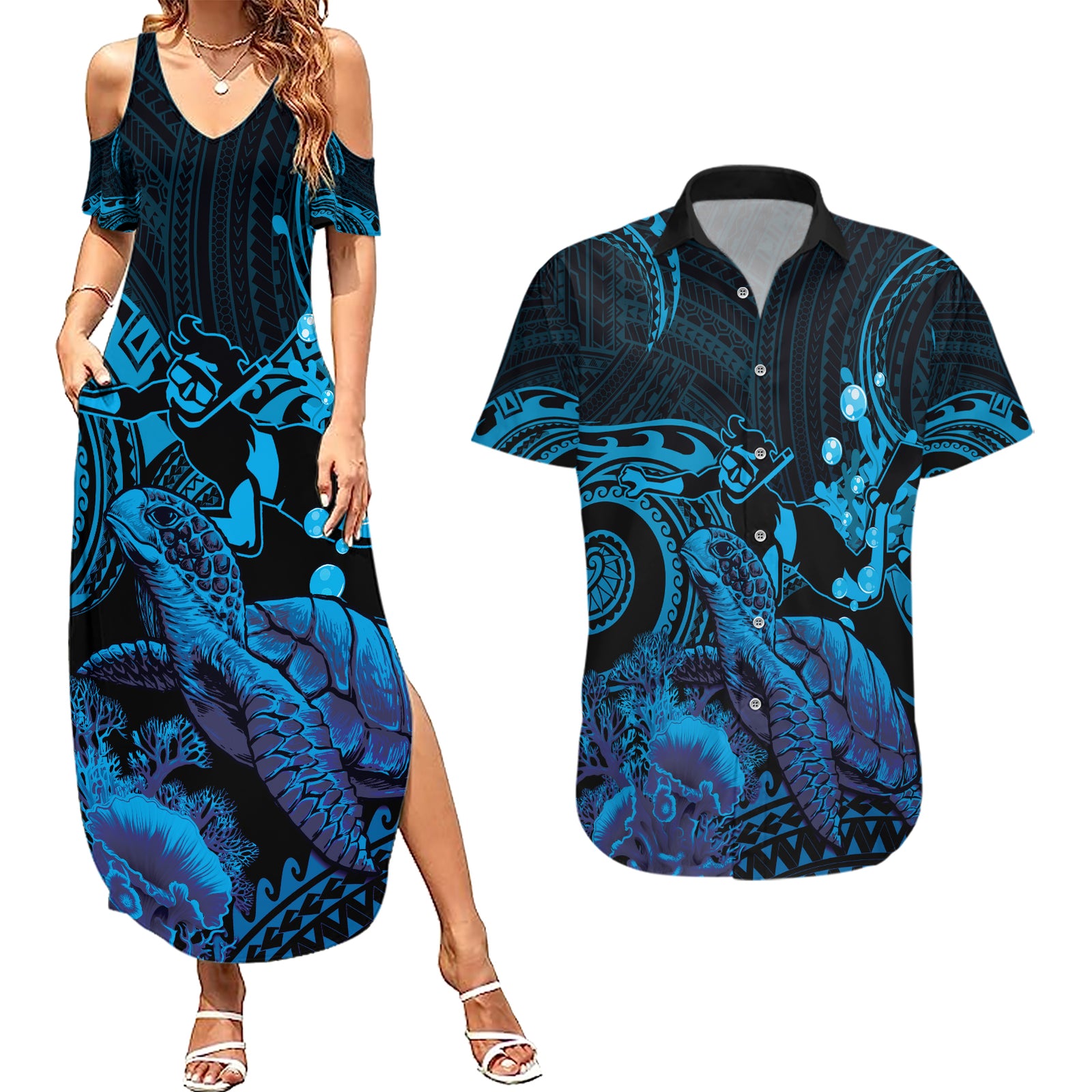 Blue Aloha Hawaii Couples Matching Summer Maxi Dress and Hawaiian Shirt Snorkeling With Sea Turtle Polynesian Pattern