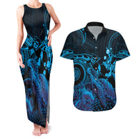 Blue Aloha Hawaii Couples Matching Tank Maxi Dress and Hawaiian Shirt Snorkeling With Sea Turtle Polynesian Pattern