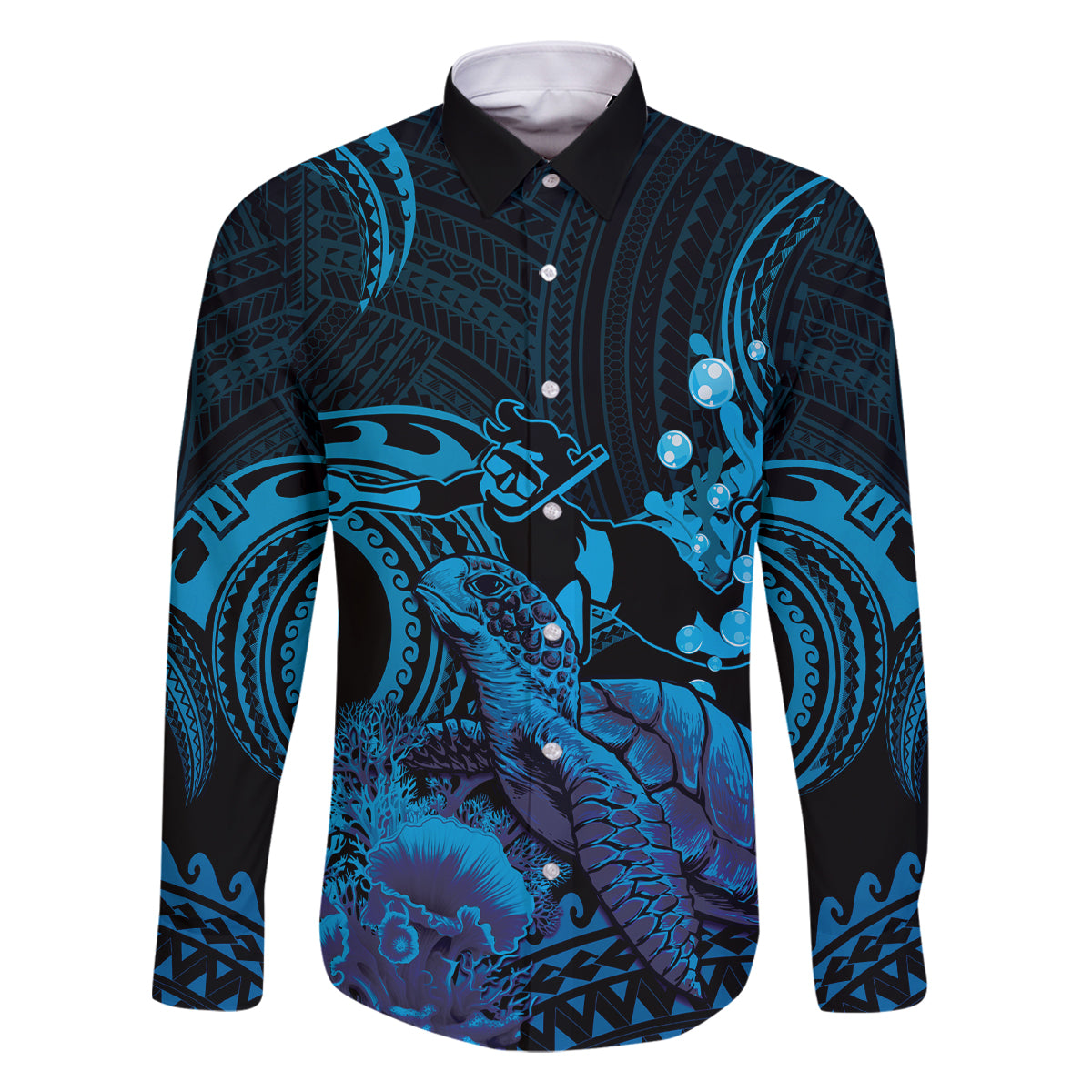 Blue Aloha Hawaii Family Matching Long Sleeve Bodycon Dress and Hawaiian Shirt Snorkeling With Sea Turtle Polynesian Pattern