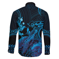 Blue Aloha Hawaii Family Matching Off The Shoulder Long Sleeve Dress and Hawaiian Shirt Snorkeling With Sea Turtle Polynesian Pattern