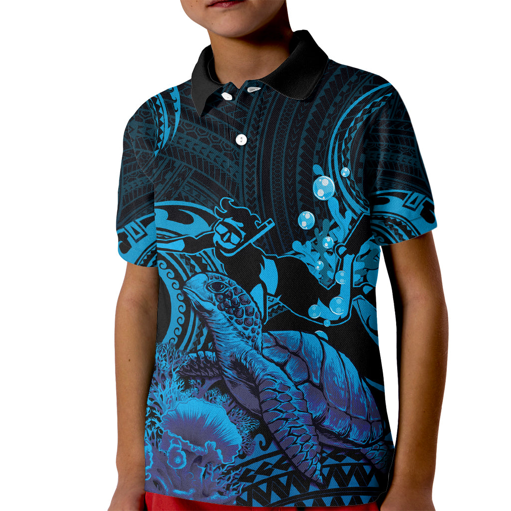 Blue Aloha Hawaii Kid Polo Shirt Snorkeling With Sea Turtle Polynesian Pattern