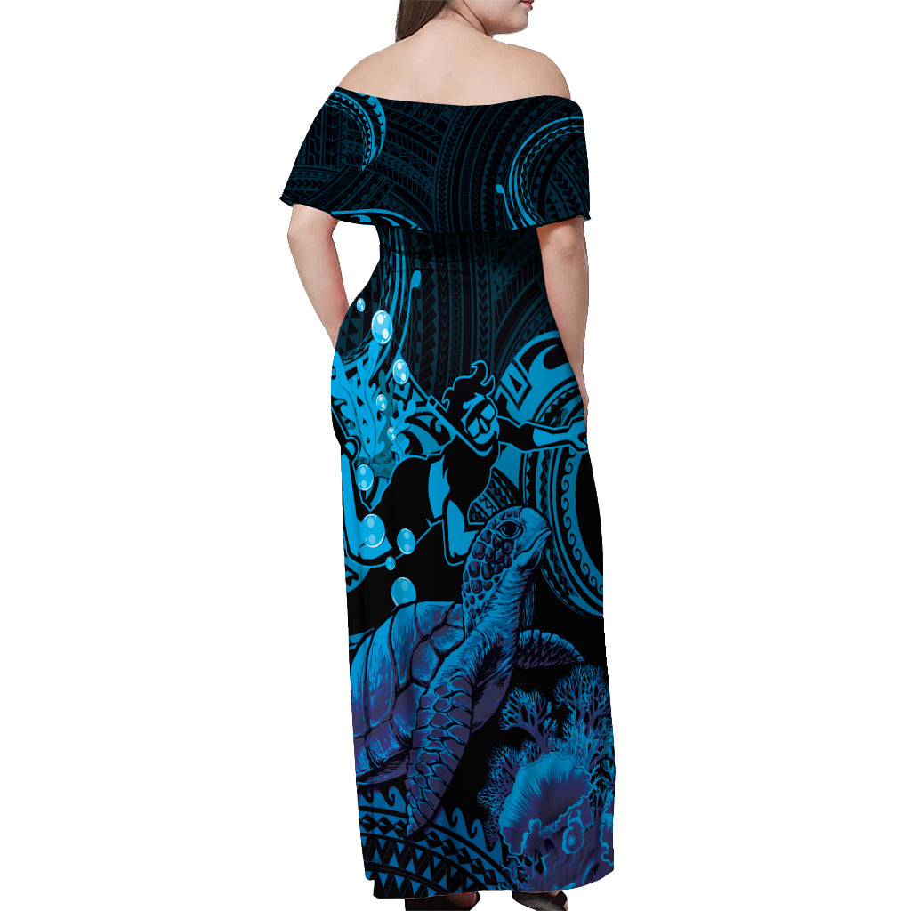 Blue Aloha Hawaii Off Shoulder Maxi Dress Snorkeling With Sea Turtle Polynesian Pattern