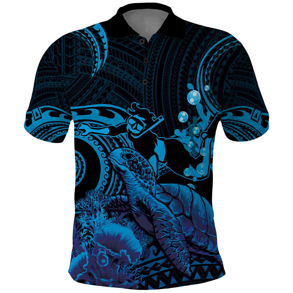 Blue Aloha Hawaii Polo Shirt Snorkeling With Sea Turtle Polynesian Pattern