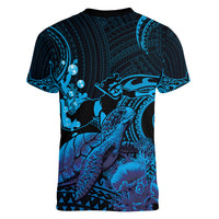 Blue Aloha Hawaii Women V-Neck T-Shirt Snorkeling With Sea Turtle Polynesian Pattern