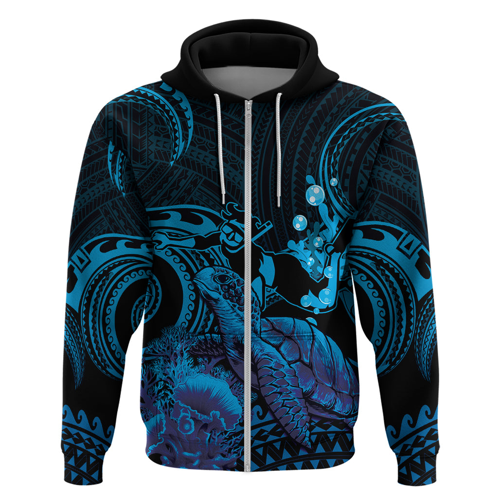 Blue Aloha Hawaii Zip Hoodie Snorkeling With Sea Turtle Polynesian Pattern