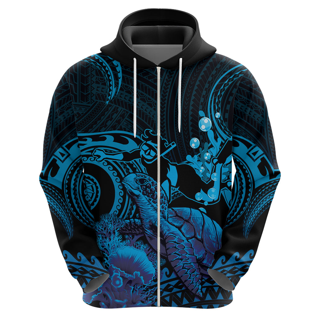 Blue Aloha Hawaii Zip Hoodie Snorkeling With Sea Turtle Polynesian Pattern