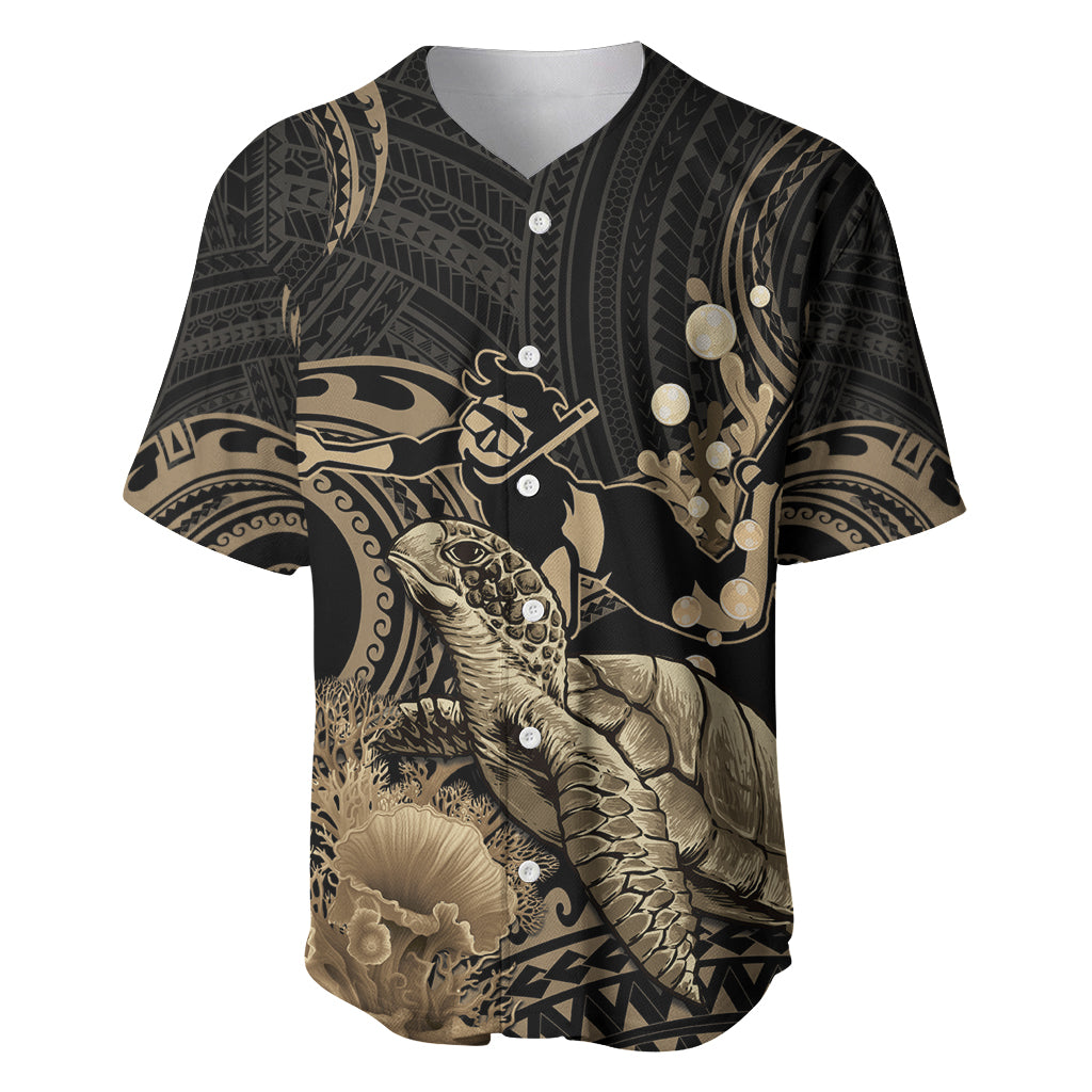 Gold Aloha Hawaii Baseball Jersey Snorkeling With Sea Turtle Polynesian Pattern