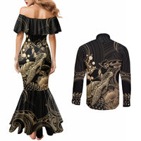 Gold Aloha Hawaii Couples Matching Mermaid Dress and Long Sleeve Button Shirt Snorkeling With Sea Turtle Polynesian Pattern