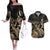 Gold Aloha Hawaii Couples Matching Off The Shoulder Long Sleeve Dress and Hawaiian Shirt Snorkeling With Sea Turtle Polynesian Pattern