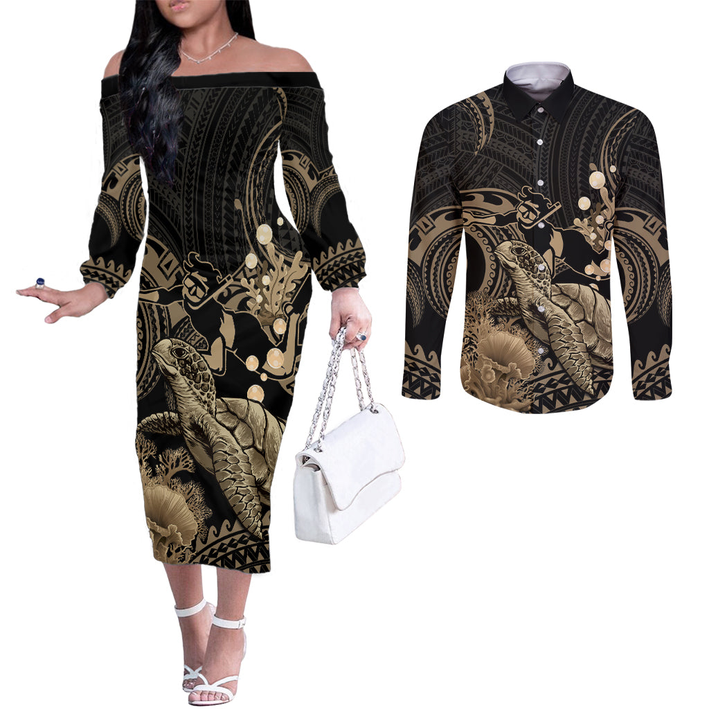 Gold Aloha Hawaii Couples Matching Off The Shoulder Long Sleeve Dress and Long Sleeve Button Shirt Snorkeling With Sea Turtle Polynesian Pattern
