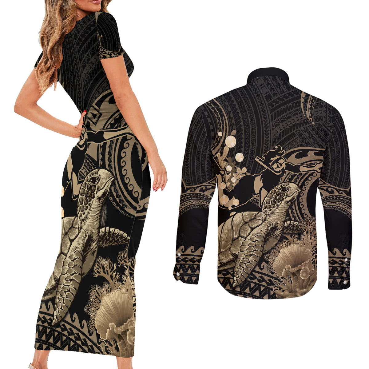 Gold Aloha Hawaii Couples Matching Short Sleeve Bodycon Dress and Long Sleeve Button Shirt Snorkeling With Sea Turtle Polynesian Pattern