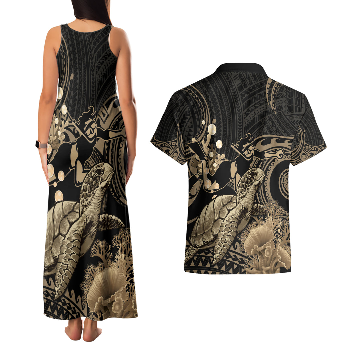 Gold Aloha Hawaii Couples Matching Tank Maxi Dress and Hawaiian Shirt Snorkeling With Sea Turtle Polynesian Pattern