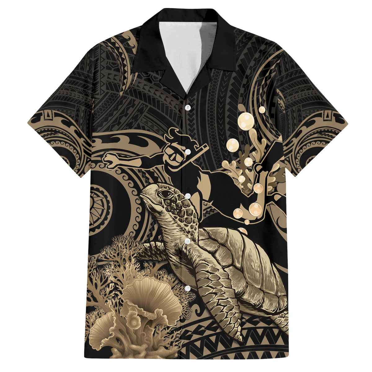 Gold Aloha Hawaii Family Matching Off The Shoulder Long Sleeve Dress and Hawaiian Shirt Snorkeling With Sea Turtle Polynesian Pattern